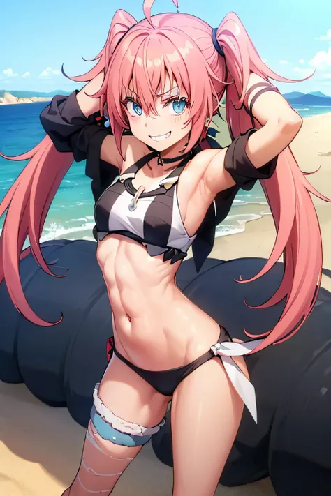 ((female)), (very messy hair), (happy smile), fangs, ((ripped abdomen)), toned arms and legs, small breasts, excessive sweating, (summer beach scene), standing with hands at the waist, blue eyes, yacht in the background,