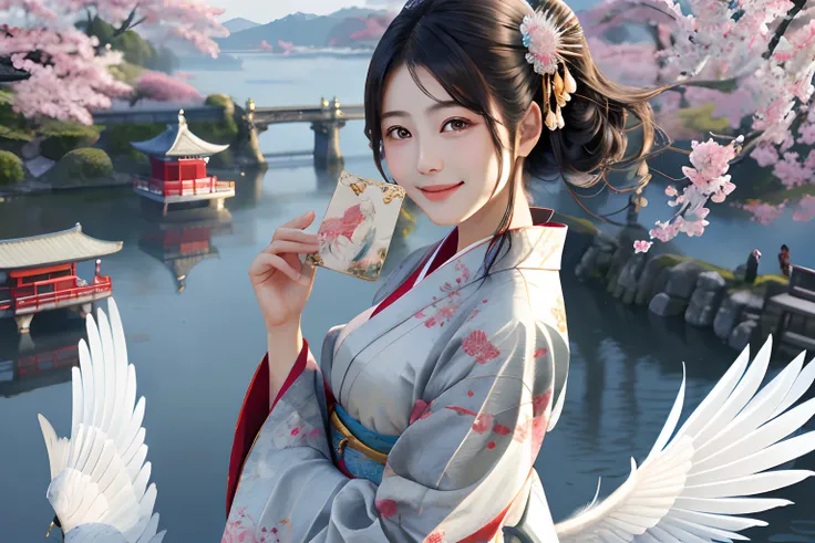 Azsadev, Halo, Cityscape, floating, Smile, Feathers, masutepiece, Best Quality, hight resolution, nice hand, Perfect hands、quaint、japanes、Gorgeous kimono、baby-face、background is kyoto