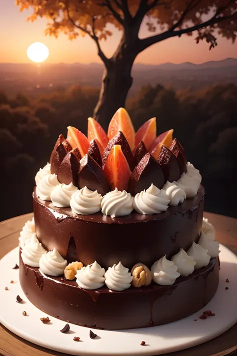 A three-layer chocolate cake containing dried fruits inside near a tree on which small pieces of chocolate fall in the sunset atmosphere