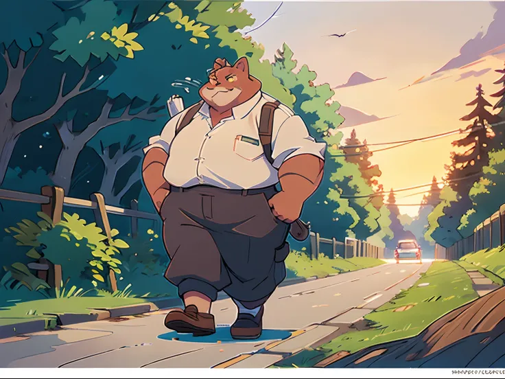 1 fat cat-human with a briefcase indicating,walking on the country road,dusk