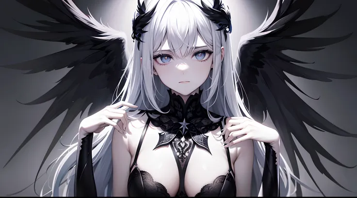 tmasterpiece，Portrait of an angel in prayer，Evil countenance，Three eyes，eye closeds，Black and white wings，A frame eroded by darkness and light,The background is random