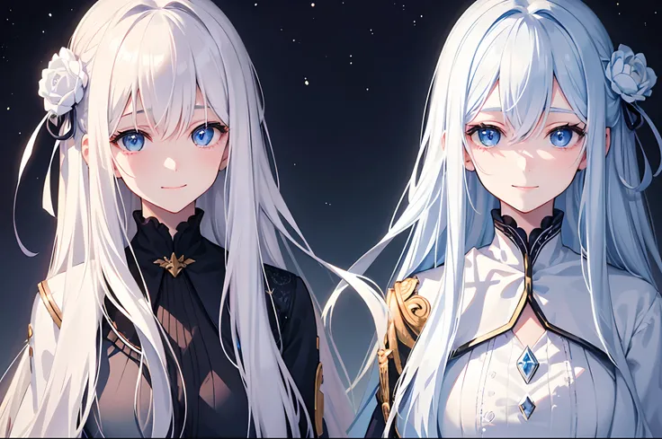 Twin young women with long white hair. Both have white hair. Their eyes are bright blue. The characters of the two are polar opposites. One was very cheerful and smiled warmly. There was a warm aura about her. The other was quiet and calm. There was a cold...