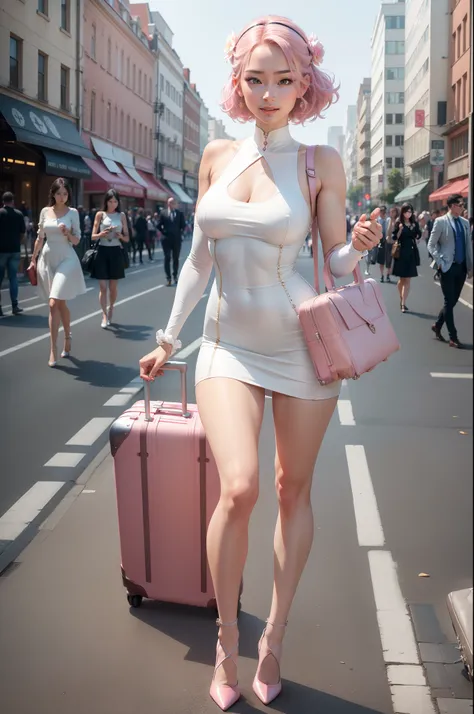 High detail，hyper qualit，8k smooth，white and pink tone，((full lenght shot))，((full bodyesbian))， (Coordinated limb proportions)，medium to long shot，A woman who is, Emoji smile, dressed stylishly, long leges, wearing high heels,You can see shoes， ((One carr...