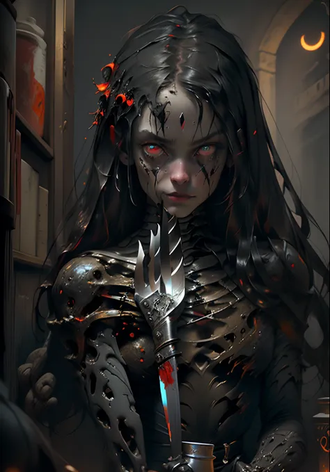 01_(masterpiece), Very nice humanoid character, with red eyes, horror, Mrs. Scarlet She is creepy, She is scary, Impact value, very angry, holding a kitchen knife, She is thin, cause, fear, horror, fear, rot, disgust, dark, unusually thin, thin, Sloppy, ga...