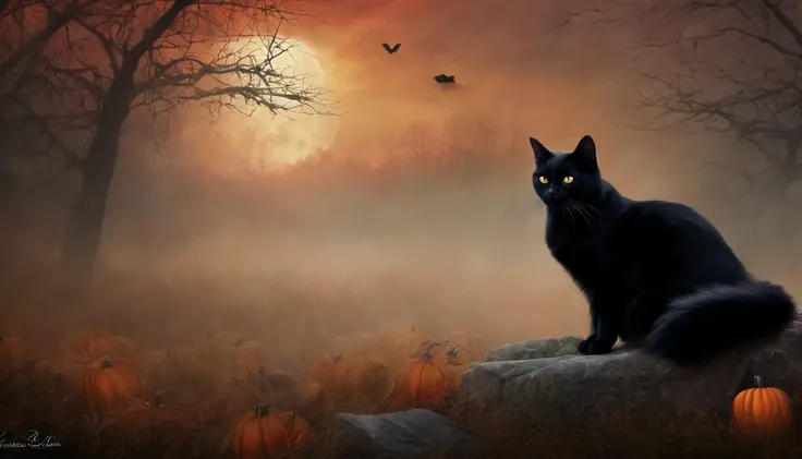 Dark Gothic Fog Morning Halloween Black Cat Art Painting, estilo vintage