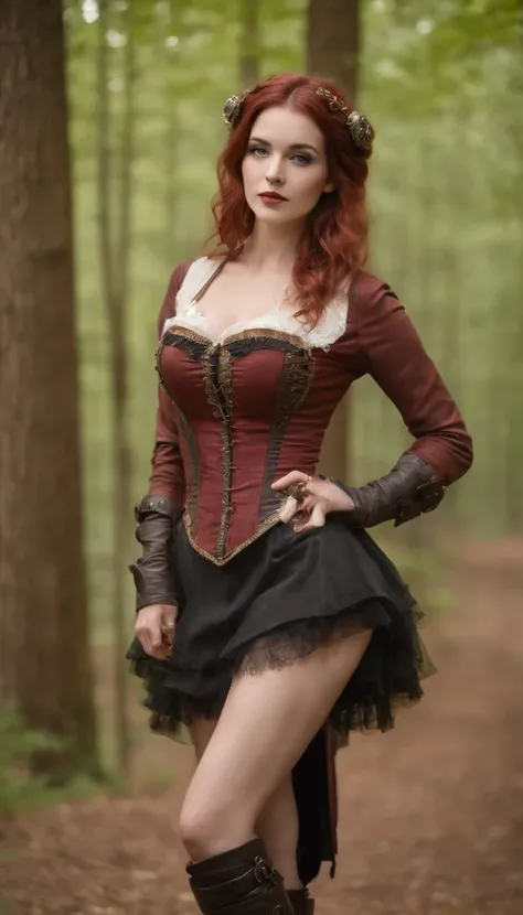 (Art steampunk), Pommeraie, A big red apple in a coniferous forest, Bokeh, sliver, sliver, fantaisie, Fairycore, High resolution, Image, Fille sexy aux yeux verts et aux cheveux roux, bar, (sexypose), (wet clothes)