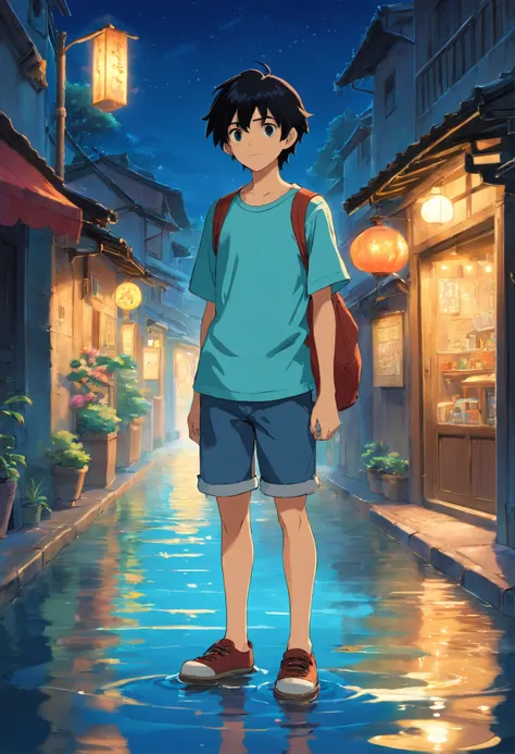 Water canvas in fiber and light art Bob hair anime 1 boy (18 year old) standing in a street in plain shirt Water canvas in fiber and light art, with short black hair High quality, High contrast, ultra fine detailed, Night, At the Fantasy Studio