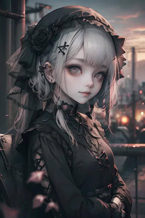 (smile:1.４）,(looking at viewer:1.4)、red gothic lolita、bonnet、,(face focus),break,、beautie、wretched、detailed eyes、black eyes、indu...