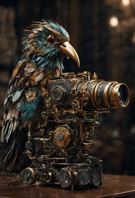 (( big recording camera with bird body )), clockwork background, wide shot, machinery, super detailed, 24k, unreal engine 5, int...