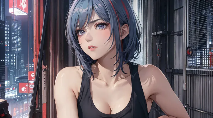 sareme、(incredibly beautiful villain woman in gray tank top:1.3))、((nsfw))、asymmetrical ultra-short hair,、cleavage of the breast...