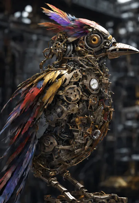 (( mechanical bird )), splatter art background, multicolor , wide shot, machinery,  super detailed, 24k, unreal engine 5, intric...