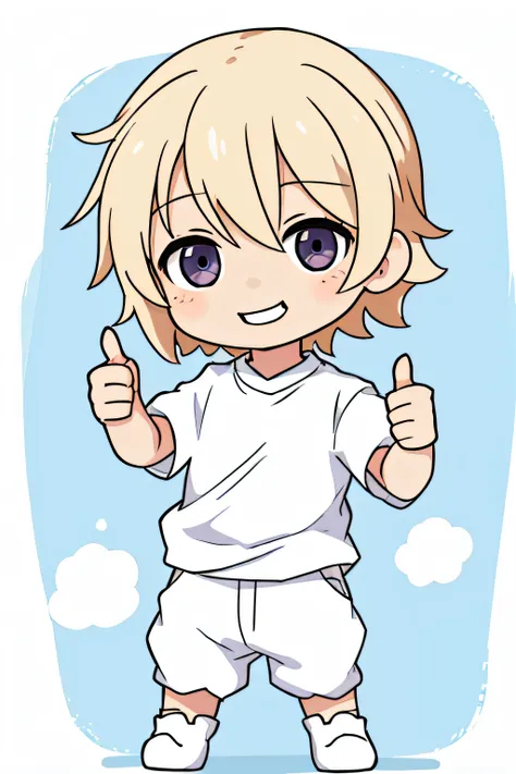 Very cute and cute little anime boy、((Chibi no Deformed Boy))、cute smile face、a blond、white  shirt、cute  face、without background、full body Esbian、is standing、very detailed face and eyes、Clearly outlined、独奏、((Thumbs-up pose))