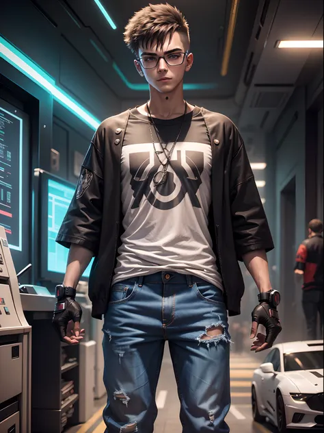 Cyberpunk,18 year old boy, oversized t shirt, jeans, mechanical arms, wearing glasses