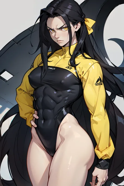 ((((1 girl)))), ((((muscular)))) black hair, yellow eyes, very long hair, tall, pale skin, angry (leotard with long sleeves)