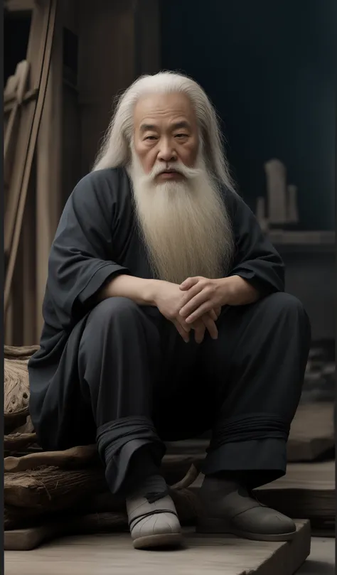 o longo, homem de barba branca Arad senta-se em uma pilha de troncos, inspirado em Hu Zaobin, Olhos Elaborados。olhar profundo。autor：Cheng Zhengkui, lu ji |, inspirado em Wu Daozi, Chinese artist, Fotografo, Feng Shu, inspirado por Li Gonglin, autor：Texto A...