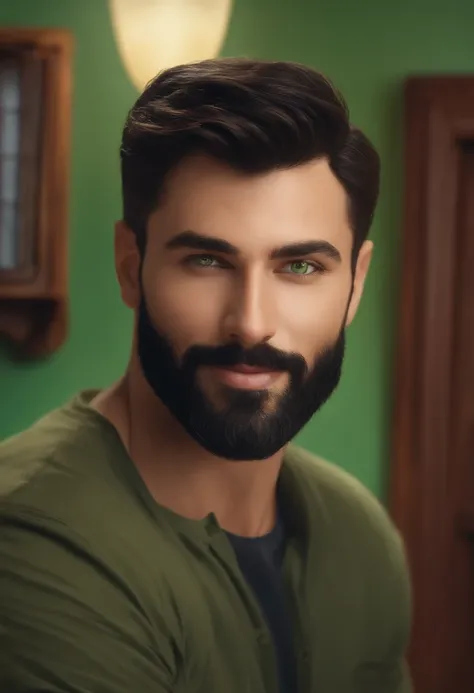 Realistic movie star . Male, Short hair, unshaved, Smart look. black hair . green eyes with beard and smiley face  at his home