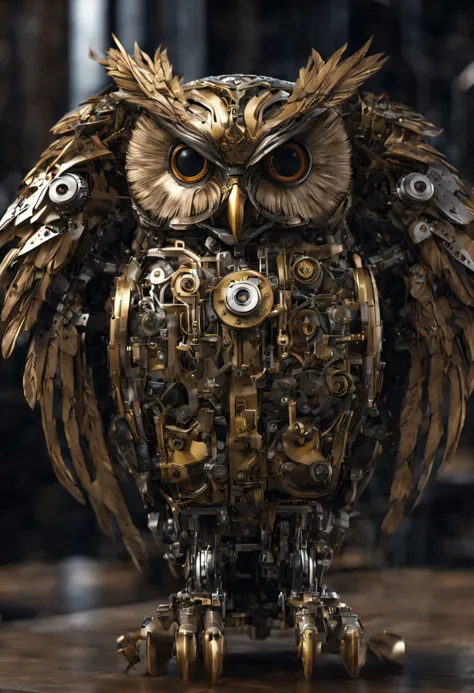 ((mechanical owl)), doing shrug pose, wide shot, machinery, super detailed, 24k, unreal engine 5, intricate details, ultra reali...