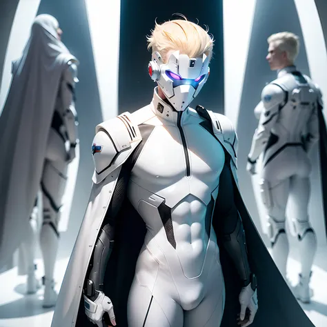 (futuristic, sci fi)Male in all white body suit, blonde hair, white gaunlets, full body suit, hands visible, hair visible, pale skin, beautiful face, masterpiece, white futuristic mask covering mouth, eyes visible, evil intent, tools in hand, soldiers in b...