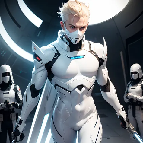 (futuristic, sci fi)Male in all white body suit, blonde hair, white gaunlets, full body suit, hands visible, hair visible, pale skin, beautiful face, masterpiece, white futuristic mask covering mouth, eyes visible, sinister intent, tools in hand, soldiers ...