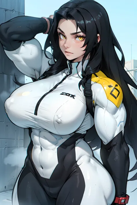 ((((((muscular 1 girl)))))), huge breasts, toned body, black hair, pale skin, yellow eyes, very long hair bodysuit