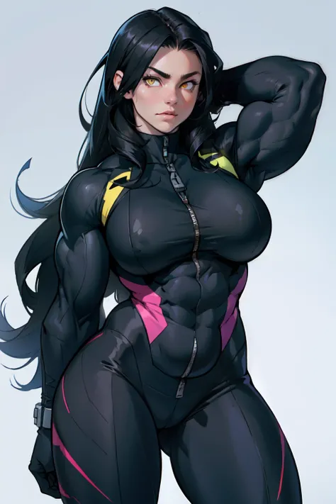 ((((((muscular 1 girl)))))), huge breasts, toned body, black hair, pale skin, yellow eyes, very long hair bodysuit