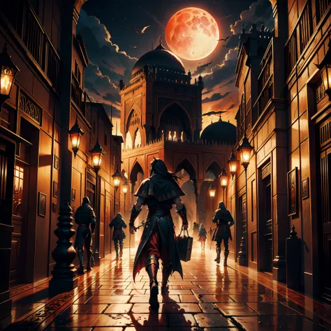 Castlevania Lord of the shadows hyper realistic super detailed Big red moon behind demons scenes epic movie legendary moroccan city moroccan islamic architecture moroccan souk moroccan carrying moroccan medieval moroccan carrying merchandise large moroccan...