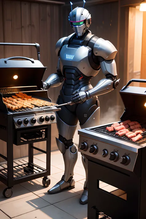 Robot standing next to a charcoal grill like the ones on the wall in this grill there are skewers with sausage and picanha type meat, The robot is holding a piece of rump and rump beef to be placed on the grill