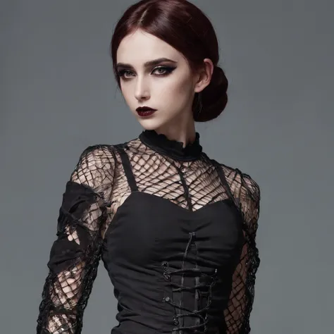 Girl with gothic net symbolic clothes,Lolita,brunette color hair，muscular female,muscular girl,muscular