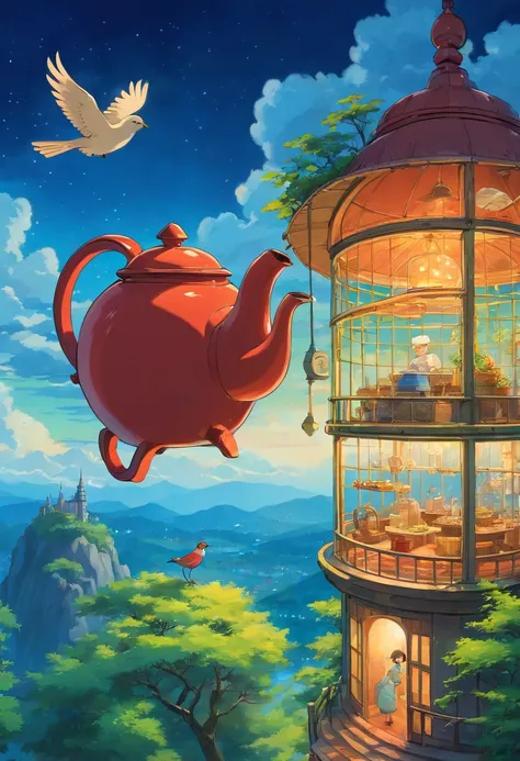 painting of a teapot, birdcage, and birdcage with a bird in the sky, by Grytė Pintukaitė, by Ni Zan, szekely bertalan. atmospheric, slicing the air. pop surrealism, by Alice Rahon, surreal tea party, by Zsuzsa Máthé