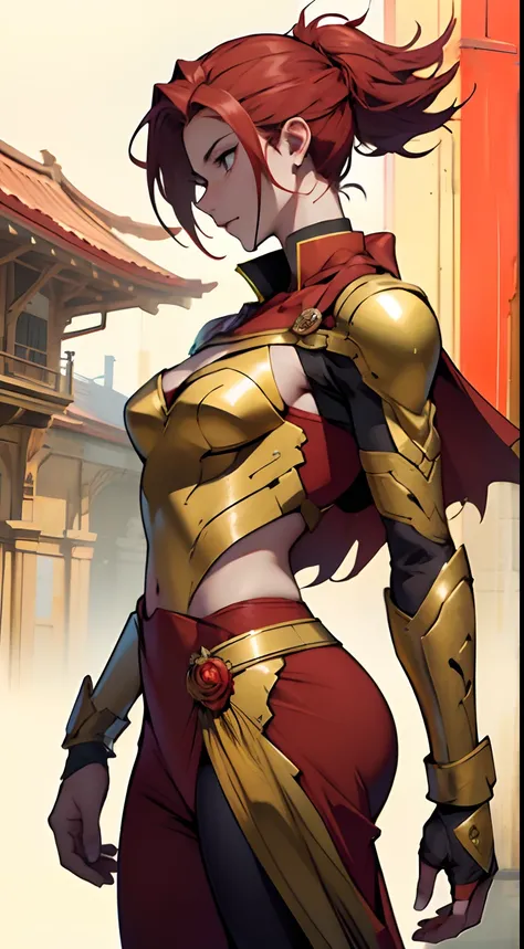 Create a heroic image dressed in red and gold，full bodyesbian。woman，Beautiful appearance。The hero must have a noble and powerful appearance，with distinct character traits。Red and gold clothing should be modern and futuristic，Has red feathers，with technolog...