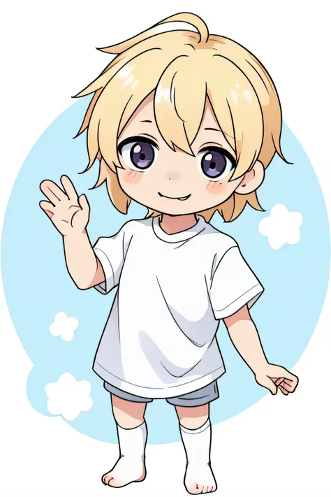 Very cute and cute little anime boy、((Chibi no Deformed Boy))、Smiling face、a blond、white  shirt、cute  face、without background、full body Esbian、is standing、very detailed face and eyes、Clearly outlined、独奏、((Raise one hand、Greeting))