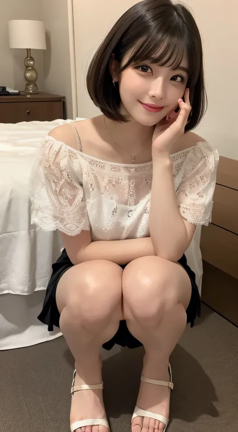 finely detail, hight resolution, hightquality、Perfect dynamic composition, Beautiful detailed eyes, Bob Layer Cut、all-fours、Put your hands on the floor、Natural Color Lip, Squatting,Kamimei、in her 20s、1 persons、Transparent skin、Glowing hair、Bedrooms、bedroom...