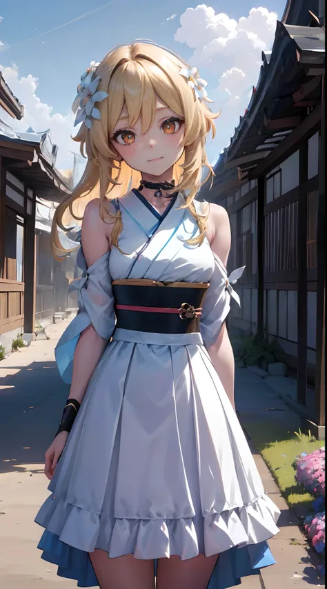 Lumine | genshin impact, master-piece, bestquality, 1girls,25 years old, proportional body, proportional., Hanbok ,bara, choker, arm behind back, Outdoor Stand, Challenge the middle of a beautiful flower javelin., shiny sky, View viewers from the front., T...