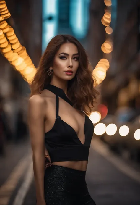 Una joven y hermosa mujer coreana con el pelo suelto, vestida muy sexy, pose and look at the camera, con una calle cyberpunk de Gangnam de fondo. (La mejor calidad,4k,8k,Altas Resoluciones,Obra maestra:1.2), Ultra detallado, (realista,fotorrealista,fotorre...