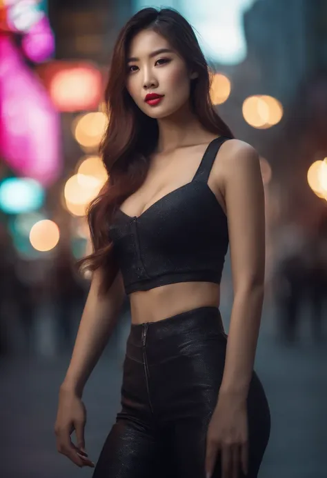 A young and beautiful Korean woman with her hair down, dressed very sexy, posing and looking at the camera, with a street in a cyberpunk style in broad daylight, a Gangnam in the background. (Best Quality, 4k, 8k, High Resolutions, Masterpiece: 1.2), Ultra...