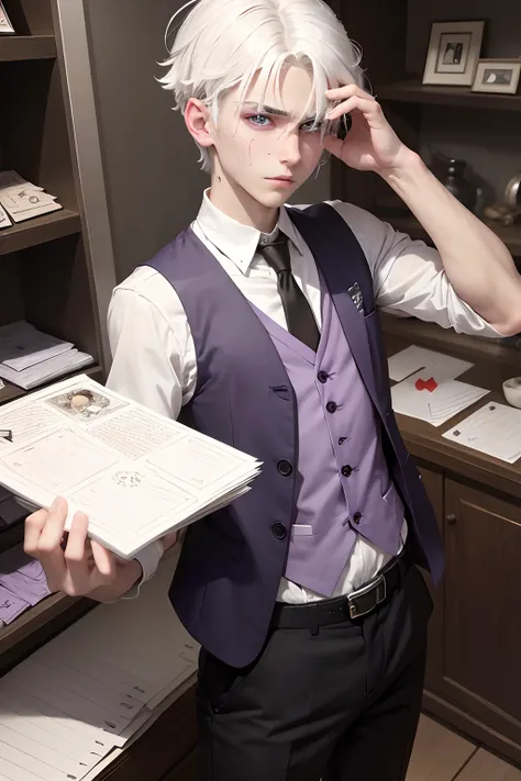 boy with white hair, purple eyes, with a scar cut on his right cheek. white polo shirt and black vest, while holding some cards and hiding other cards of different models in his hand