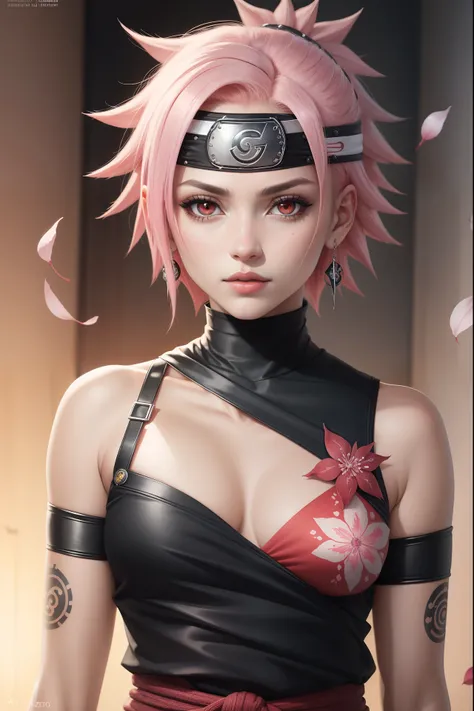 ("Sakura de Naruto estilo ninja com olhar de Sharingan") sozinho, Olhando para o Viewer, short hair, fundo simples, fundo branco, jewelries, monocromatic, escala de cinza, Brincos, separated-lips, lips, Petals, Cilia, tatuagem, maquiagem, watermark, penetr...