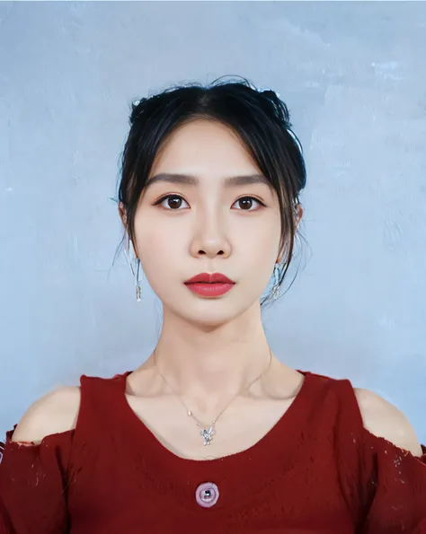 there is a woman with a red top and a necklace on, heonhwa choe, jiyun chae, korean symmetrical face, taejune kim, kim hyun joo, sangsoo jeong, 2 7 years old, south east asian with round face, a young asian woman, 8k selfie photograph, jaeyeon nam, korean ...