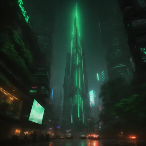 Futuristic city with skyscrapers and green lights in the rain, folhagem exuberante cyberpunk, Em Fantasy Sci - Cidade de Fi:, catedral cyberpunk, em uma cidade cyberpunk futurista, cyberpunk dreamscape, em cyberpunk city, Pintura Digital Sci-Fi, futuristic...