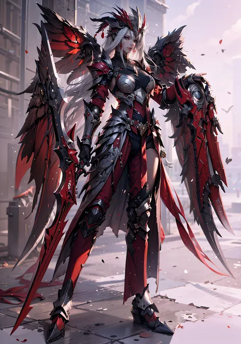 dragoon armor，perfect face，feathered headdress，metal ornaments，black underwear，unreal 5，double knife。white thighhig，a pair of bi...