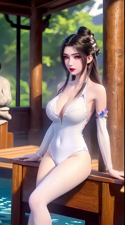 1 beautiful and sexy 20 year old girl, ((wearing a white thigh-length swimsuit:2)), ((Swimsuit with deep cleavage and very sexy:2)), girl sitting by the edge of the swimming pool, not wearing pants, sexy hanfu style, ((long black hair:1.7)), jewelry elabor...
