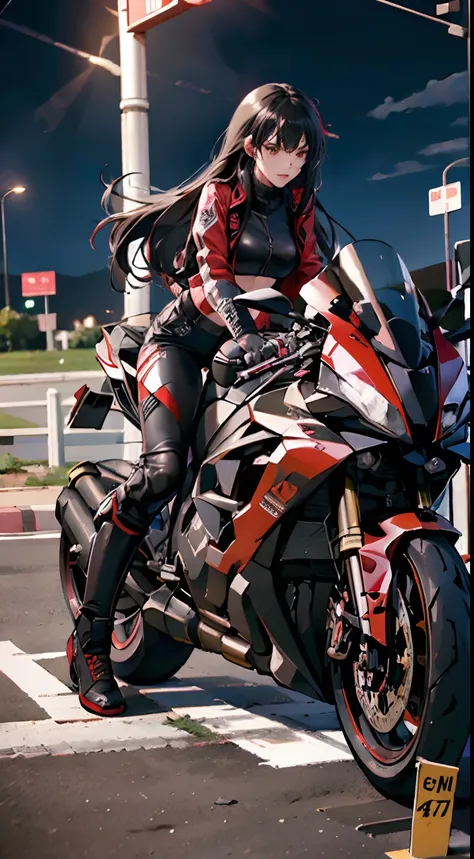 (best quality,4k,high resolution), high-level image quality、high quality pixels、resolution up、female rider riding motorcycle on ...