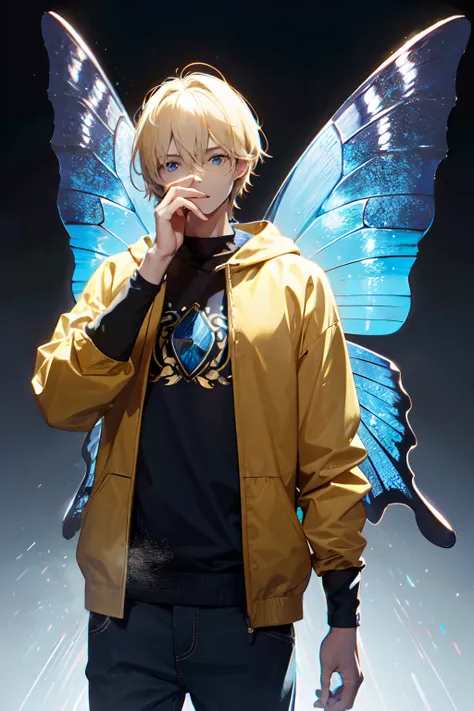 a young man with his hand on his face. he has medium-length blonde hair and blue eyes and is wearing a yellow hoodie with a blac...