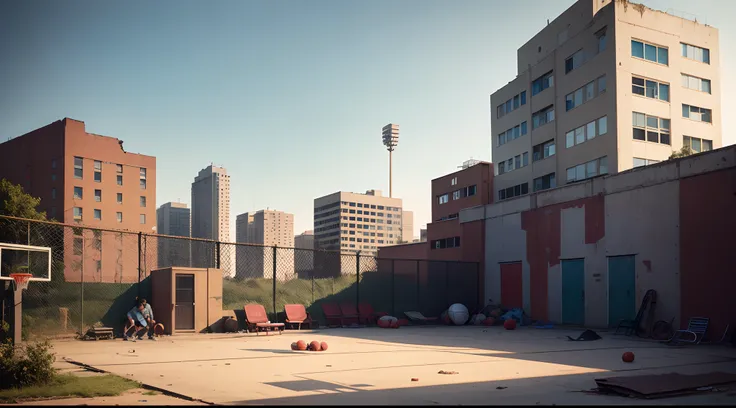 Outdoors, abandoned and dilapidated basketball courts, basketball hoops, red brick factories around, chairs, people playing basketball, tall buildings, trash cans