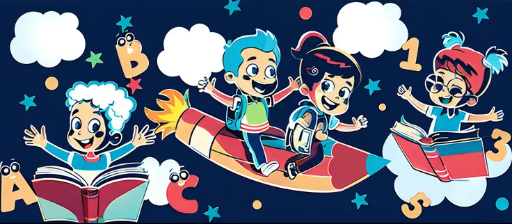 Cartoon children flying in a rocket with books and numbers, colorful kids book illustration, kids book illustration, kids book illustration, childrens illustration, illustration for children, childrens illustration, cartoon style illustration, kids book il...