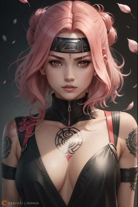 ("Sakura de Naruto estilo ninja com olhar de Sharingan") (((CABELO LONGO COM MECHAS PRETAS))) sozinho, Olhando para o Viewer, short hair, fundo simples, fundo branco, jewelries, monocromatic, escala de cinza, Brincos, separated-lips, lips, Petals, Cilia, t...