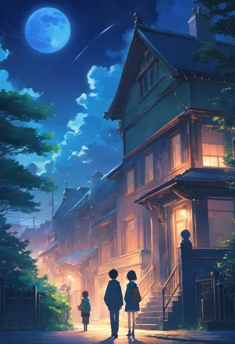 darkly, Old Victorian house stands alone in moonlight,The color is bright，Dark night background，Men around 12 years old，white color hair，Light blue eyes，Black sweater，Halloween、Castle behind，Harry Potter-style wizards，tender，apathy