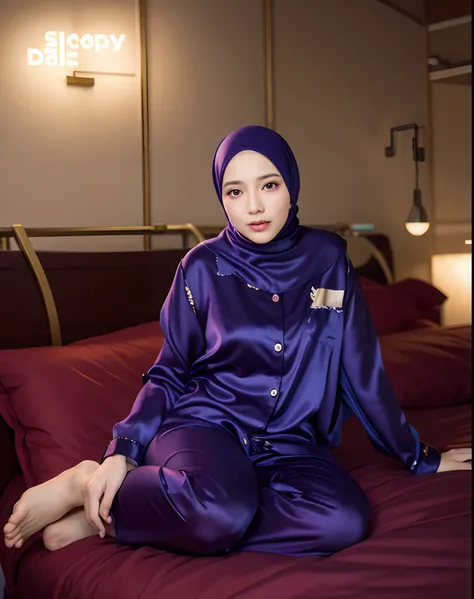 araffe woman in a satin pajamas sitting on a bed, daz, dall - e 2, dall-e 2, satin, hijab, silky, inspired by Nazmi Ziya Guran, monochrome, dazzling, malaysian, ✨🕌🌙, sleepwear, inspired by Yu Zhiding, dau-al-set, dau - al - set, dizzy