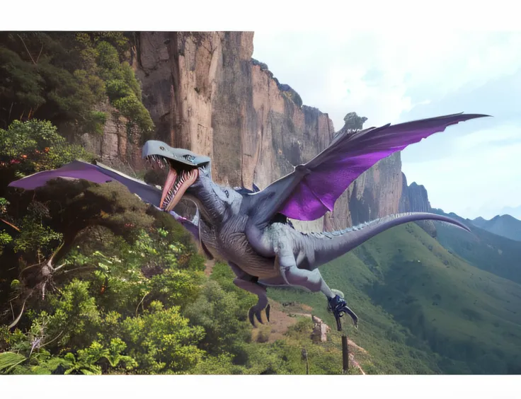 photograph of a light purple skin flying dinosaur with dark purple wings, arm wings, mouth open, national geographic, 2 pointy skull bones sticking out, Sony 7A camera