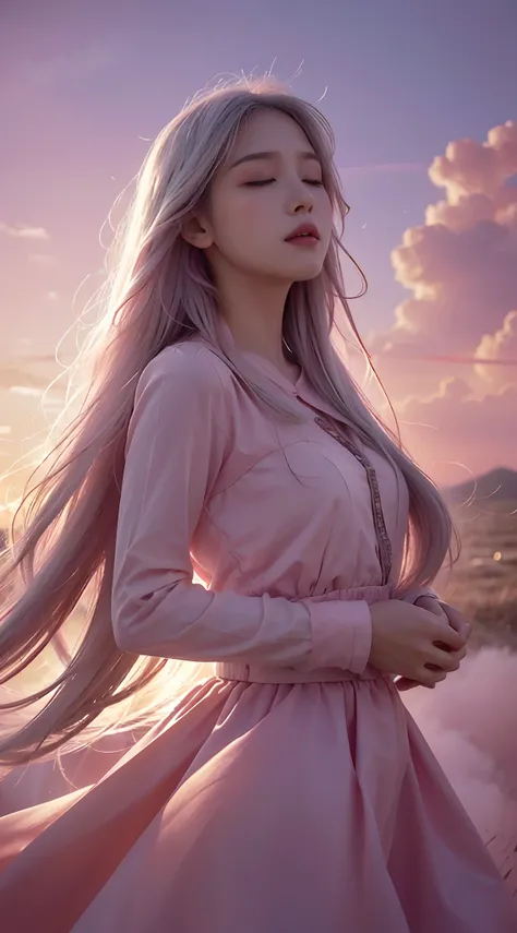 high qulity，4K，detailed detail，Dreamy，hyper realisitc，Up and down opposites，Parallel worlds，Girls fall from the sky，long  white hair，Vertical descent，closing her eyes，Keep quiet，Girl in the Clouds，Pink light and shadow，